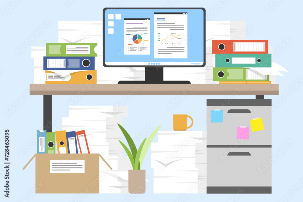 Pile of paper documents and file folders on desk with monitor, Unorganized document on table, Worktables with many pile of papers concept. Pile of paper documents and file folders on desk with monitor, Unorganized document on table, Worktables with many pile of papers concept.
