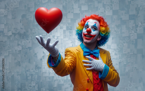 A clown in a bright suit holds a red heart-shaped balloon in his hands against the background of a wall with scraps of paper