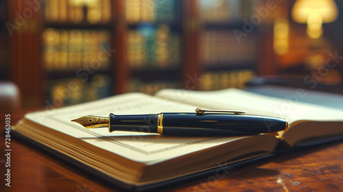An elegant fountain pen lying on an open, leather-bound notebook in a well-lit study.  photo