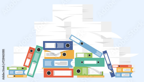 A lot of file and paper documents and file binder, Unorganized paper sheets and file binders.