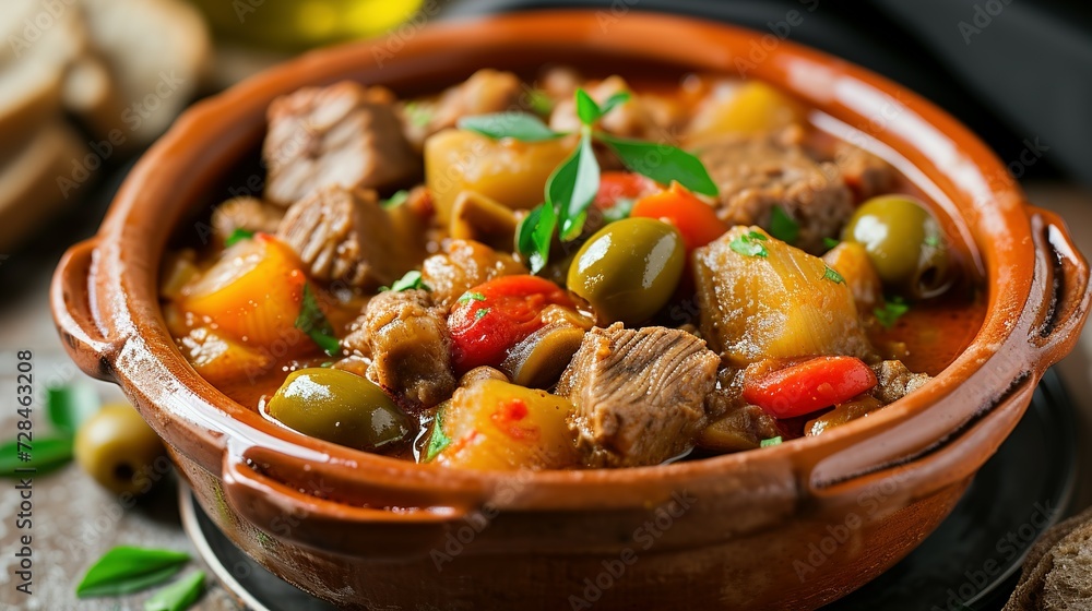 Spanish dish Callos a la Madrilena, typical stew with beef tripe, serving with olives Spanish dish Callos a la Madrilena, typical stew with beef tripe, serving with olives