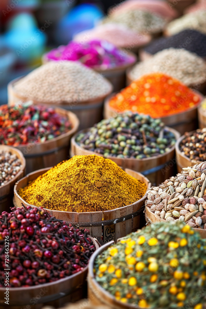 different types of spices on the shelves of the market
