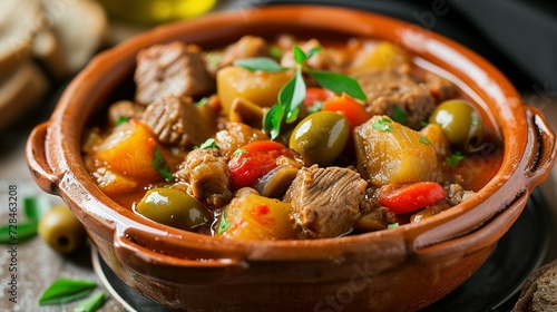 Spanish dish Callos a la Madrilena, typical stew with beef tripe, serving with olives