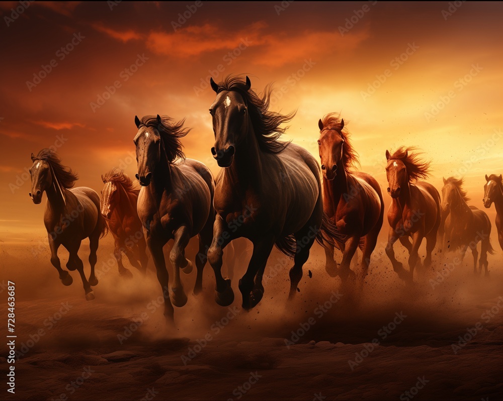 Fototapeta premium a majestic horse herd against a solid background, bathed in the warm, golden hues of a sunset.