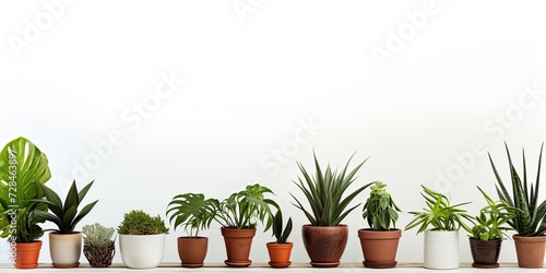 White background adorned with potted plants on either side.