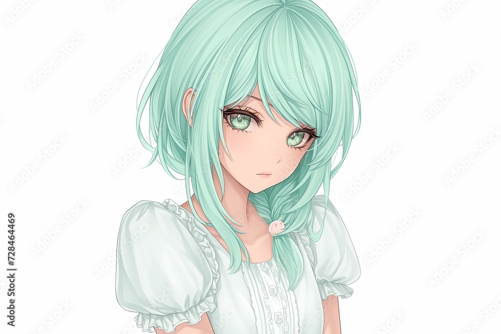 Beautiful Anime Girl With Mint Green Color Hair On White Background Beautiful Anime Girl With Mint Green Color Hair On White Background