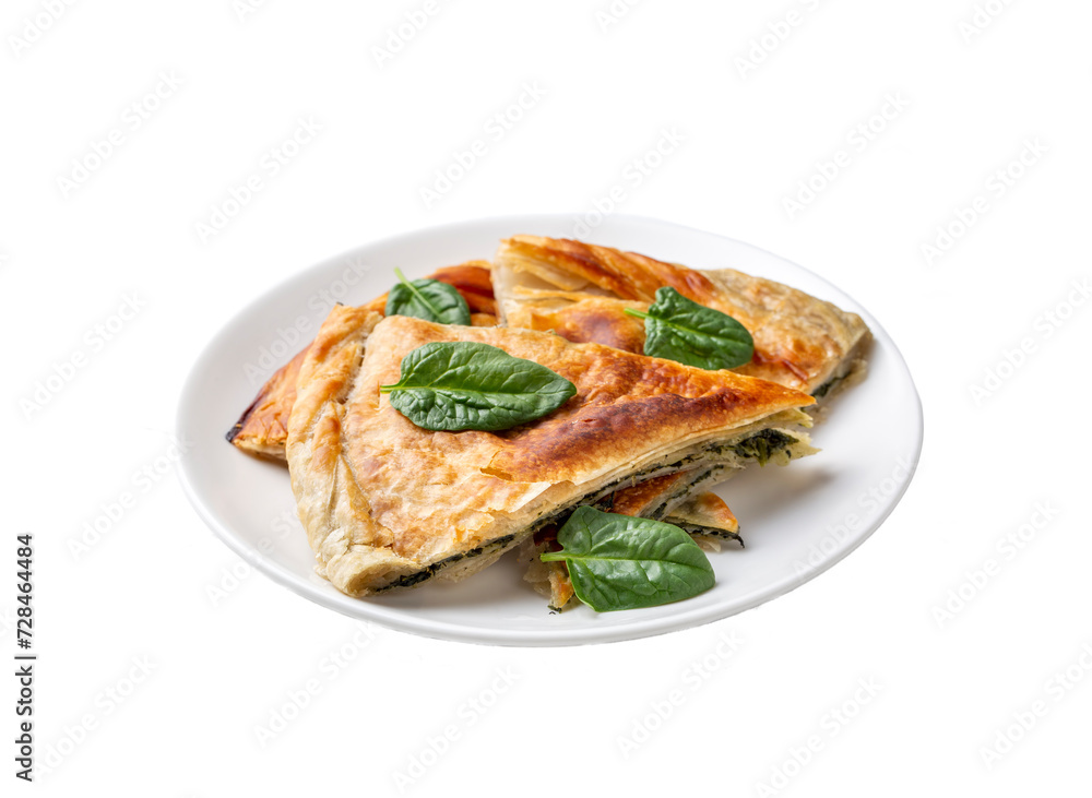 Spanakopita, greek phyllo pastry pie with spinach and feta cheese filling. Delicious handmade pies. Turkish name; el acmasi borek