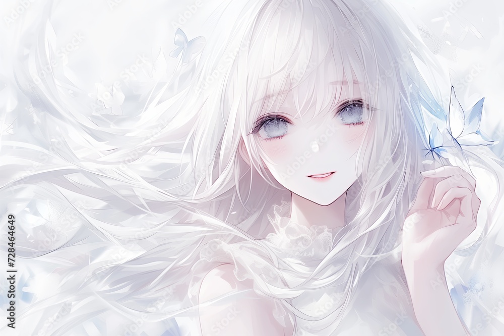 Beautiful Anime Girl With White Hair On White Background