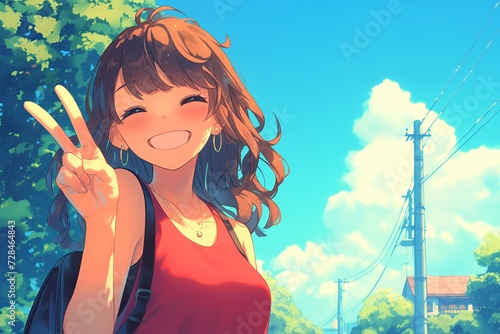 Cheerful Anime Girl Confidently Poses Outdoors, Exuding Joy With Peace Sign