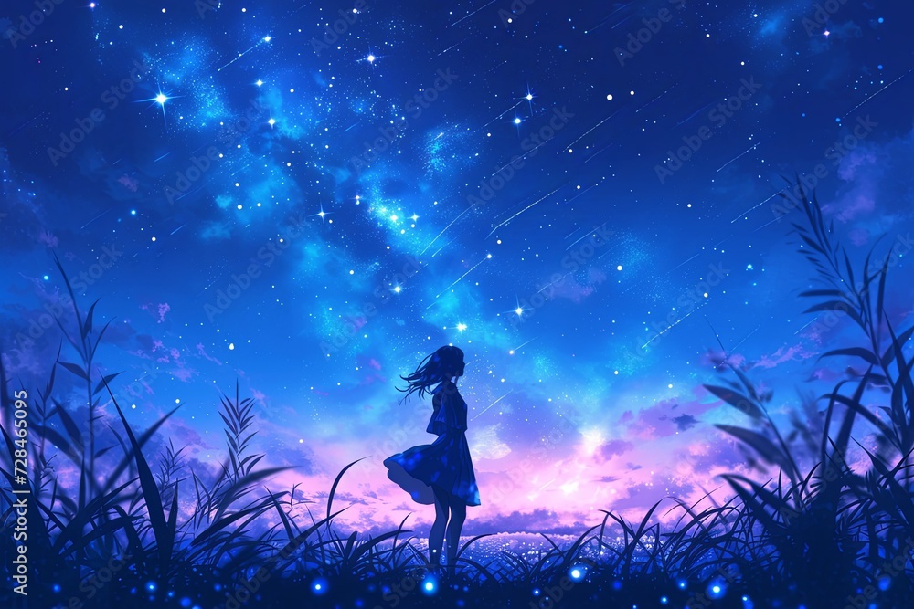 Digital Art Of An Anime Girl Mesmerized By The Starry Night Sky
