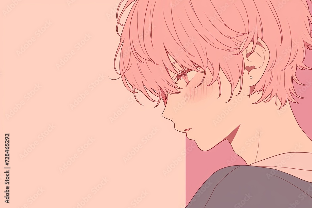 Handsome Anime Boy In Profile On Blush Color Background Handsome Anime Boy In Profile On Blush Color Background