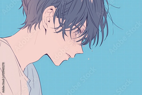 Handsome Anime Boy In Profile On Baby Blue Color Background