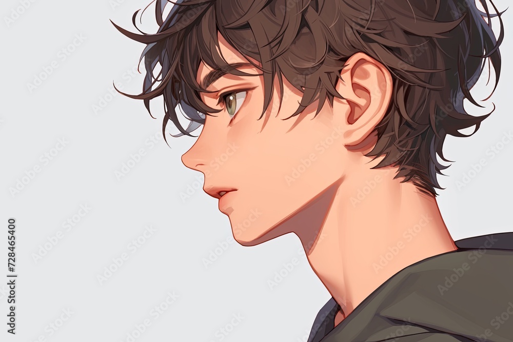 Naklejka premium Handsome Anime Boy In Profile On Light Gray Background