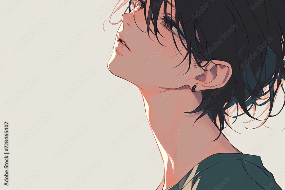 Handsome Anime Boy In Profile On Light Gray Background Handsome Anime Boy In Profile On Light Gray Background