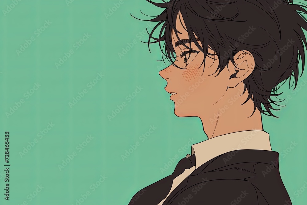 Fototapeta premium Handsome Anime Boy In Profile On Mint Green Color Background
