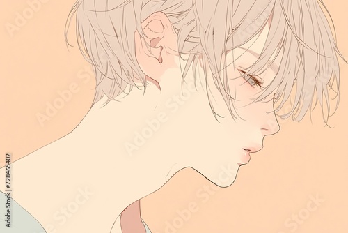 Handsome Anime Boy In Profile On Light Peach Color Background