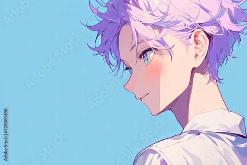 Handsome Anime Boy In Profile On Pale Lavender Color Background