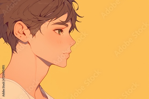 Handsome Anime Boy In Profile On Pale Orange Color Background