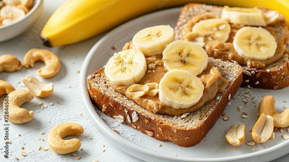 Toast with nut butter, banana slices and cashews on white table, closeup Toast with nut butter, banana slices and cashews on white table, closeup