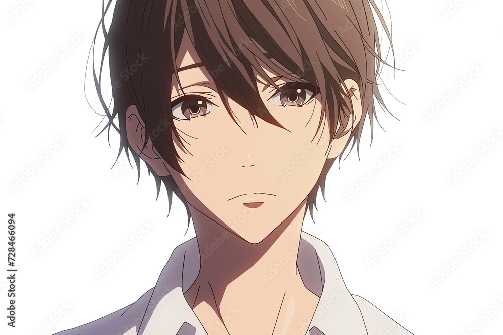 Handsome Anime Boy With Brown Hair On White Background Handsome Anime Boy With Brown Hair On White Background