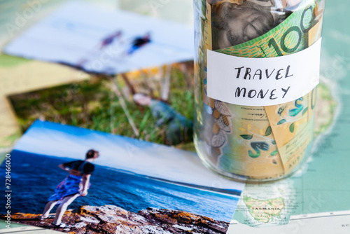 travle to coastal australian concept - photos by the sea and travel money jar photo
