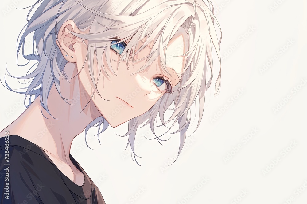 Handsome Anime Boy With Light Gray Hair On White Background