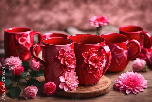 Water mug red color with pink flower background blur