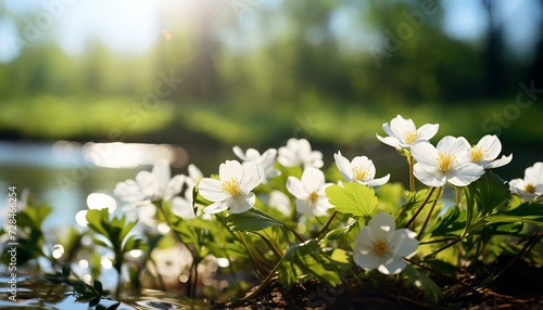 white flowers in the forest. white flowers in the forest near a river in spring. Spring time flowers blooming under sunshine in nature near a river. White lotus flower