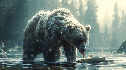 Print op canvas a bear feeding on salmon in a river  forest background