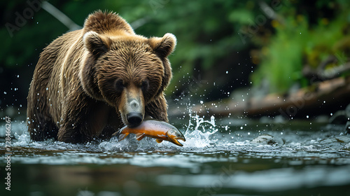a bear feeding on salmon in a river forest background
