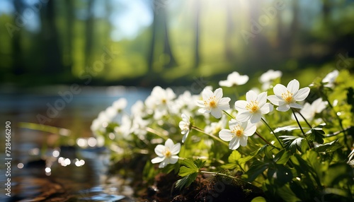 white flowers in the forest. white flowers in the forest near a river in spring. Spring time flowers blooming under sunshine in nature near a river. White lotus flower
