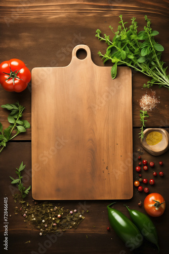 Mockup of a bare wooden cutting board with a bordered design frame, surrounded by fresh ingredients. Vegan setup displayed on a dark wooden contemporary kitchen surface.