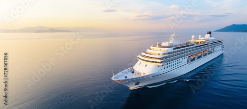 A large white cruise ship is sailing on the sea. drone view