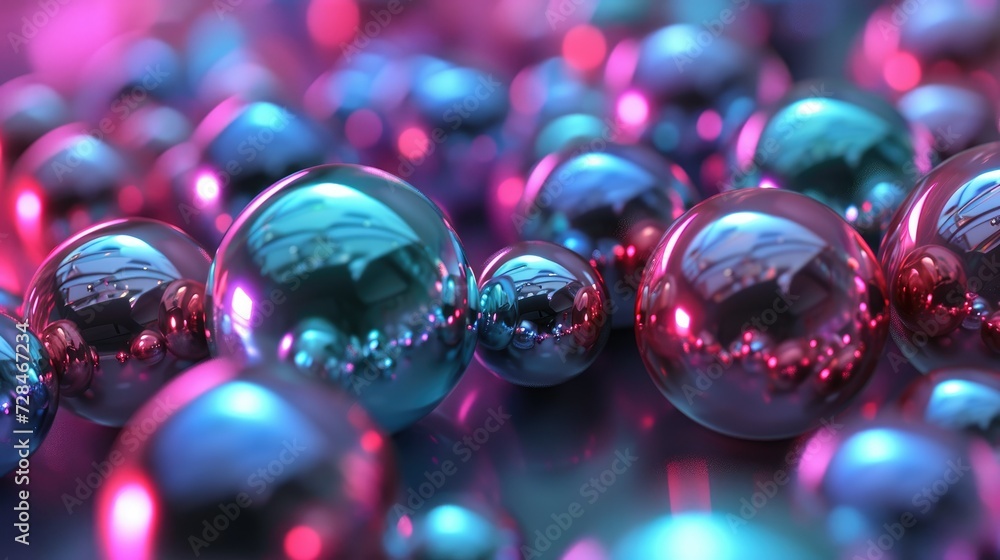An abstract landscape of reflective spheres, with a fusion of cool blue and passionate pink tones. An abstract landscape of reflective spheres, with a fusion of cool blue and passionate pink tones.