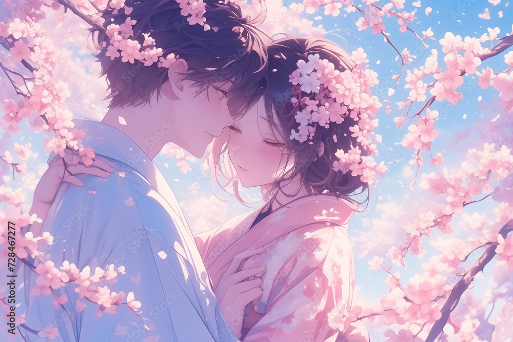 Fototapeta premium Romantic Couple Surrounded By Pink Cherry Blossoms, Creating An Animeinspired Scene