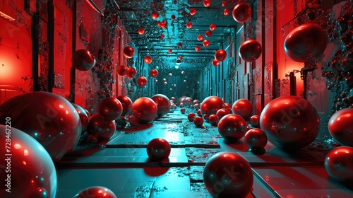 Red and teal spheres float in a surreal corridor  creating a visually stunning and dynamic scene.