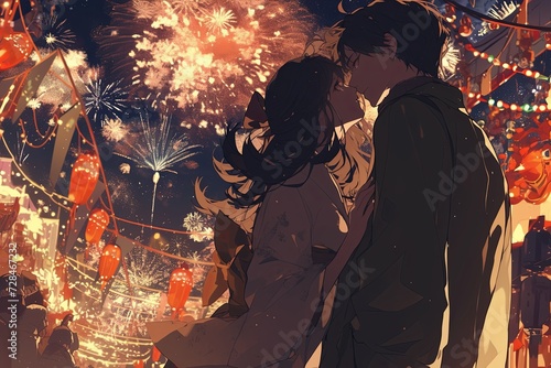 Romantic Anime Couple Gazes At New Years Fireworks On Christmas Night Vertical © Anastasiia