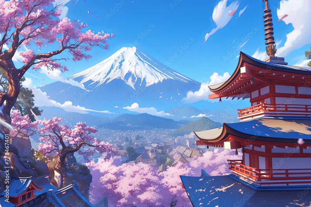 Serene Japanese Village With Traditional Temple, Cherry Blossoms, And Stunning Mount Fuji Backdrop