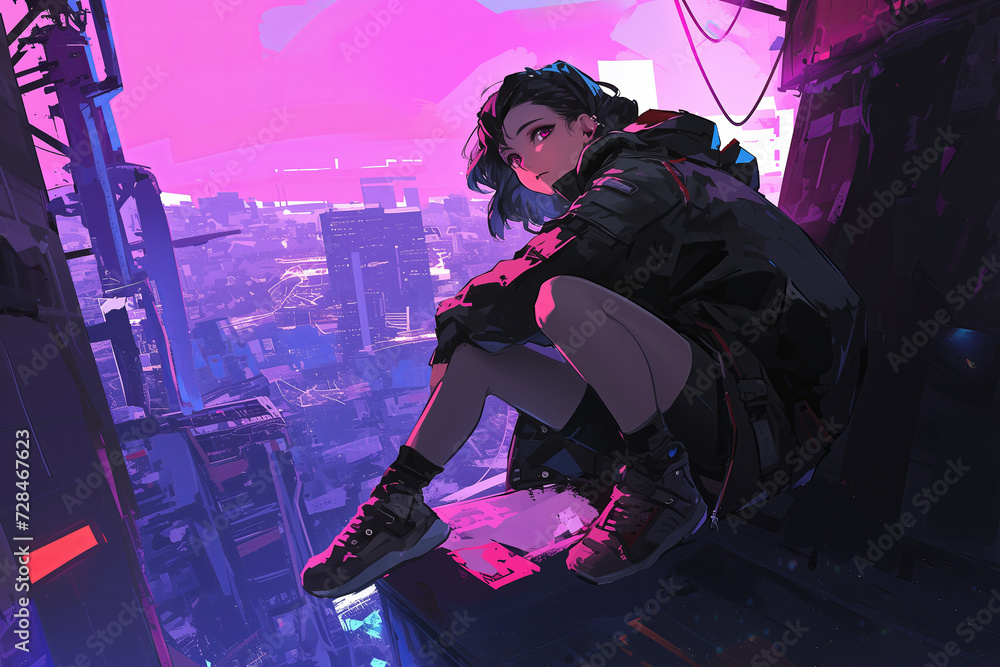 Teenage Girl Perched On Ledge, Edgy Cyberpunk Aesthetic, Inspired By Anime Teenage Girl Perched On Ledge, Edgy Cyberpunk Aesthetic, Inspired By Anime