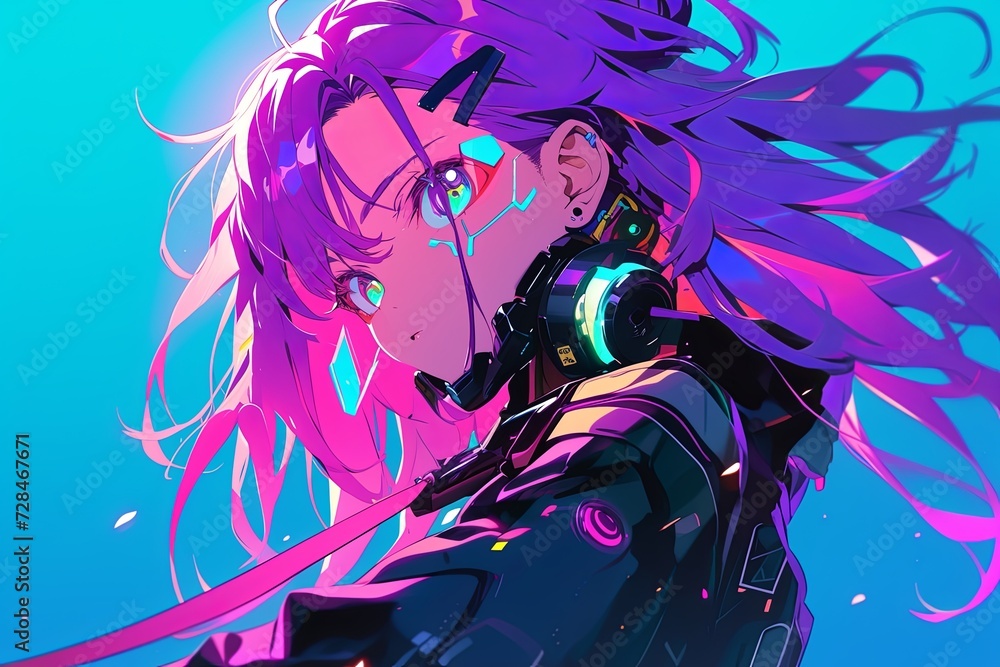 Vibrant Cyberpunk Anime Character With Purple Hair, Immersed In Digital World Vibrant Cyberpunk Anime Character With Purple Hair, Immersed In Digital World