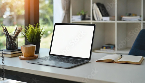 Blank screen computer laptop putting on smooth surface working desk over comfortable living room as background.