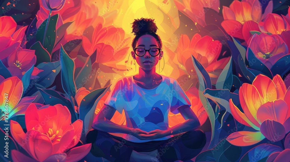 Colorful Pop art abstract illustration of a girl meditating among tulips, retro style Colorful Pop art abstract illustration of a girl meditating among tulips, retro style