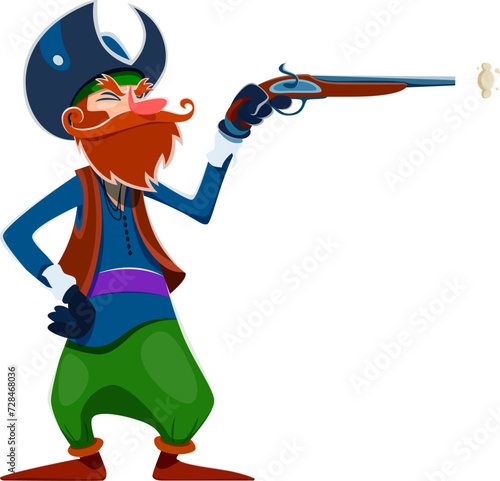 Cartoon pirate corsair sailor character with musket pistol, vector man personage. Pirate filibuster in tricorne hat shooting from pistol gun, Caribbean adventure character of sea filibuster sailor