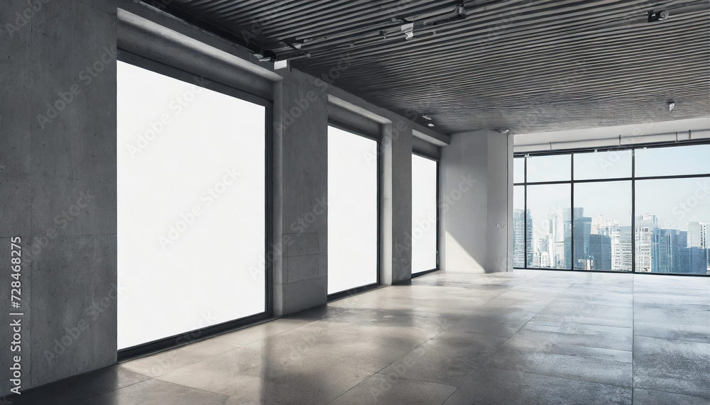 Blank white wall in concrete office with large windows Mockup 3D rendering Blank white wall in concrete office with large windows Mockup 3D rendering