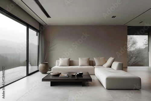 Minimalist style home interior design of modern living room. Corner sofa against floor to ceiling window. Room in house with terrace.