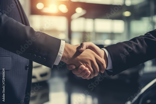 a car seller and buyer shaking hands after closing a deal photo