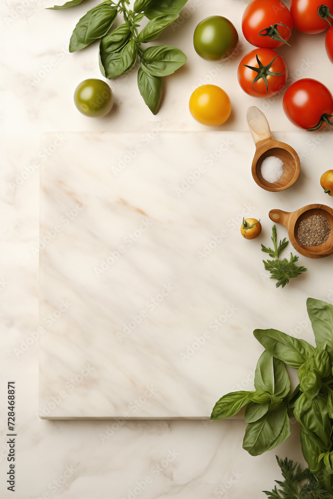 Unoccupied rustic wooden cutting board mockup with a bordered design frame, surrounded by fresh ingredients. Vegan setup displayed on a bright white contemporary kitchen surface. Unoccupied rustic wooden cutting board mockup with a bordered design frame, surrounded by fresh ingredients. Vegan setup displayed on a bright white contemporary kitchen surface.