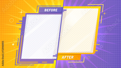 Before after template. Vector yellow and purple color background with halftone dotted pattern, sun rays, sparks and transparent copy space. Borders or photo frames for comparison in retro comic style