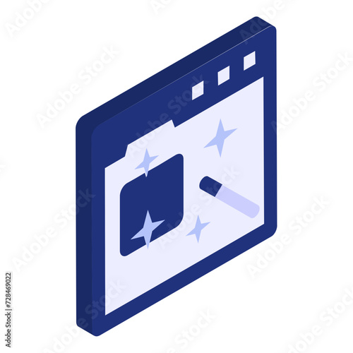 AI Magic Tools isometric concept, web page being generated from artificial intelligence vector flat design, Web design and Development symbol, user interface or graphic sign, website engineering stock