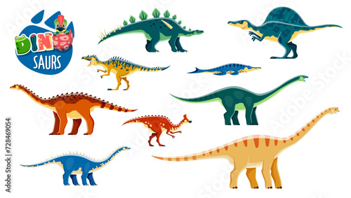 Cartoon dinosaur  extinct reptile characters. Prehistoric animal  Jurassic era lizards. Kotasaurus  Amygdalodon  Oxalaia and Lexovisaurus  Aragosaurus  Neovenator dinosaur vector funny personages